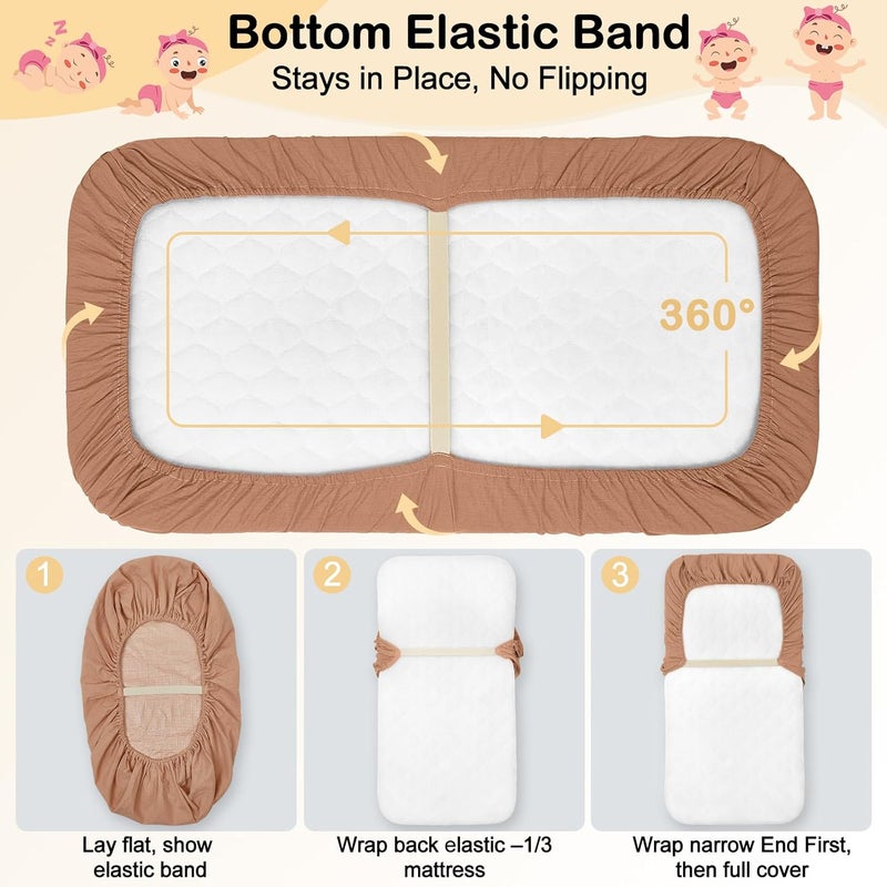 BeBeJoJo Baby Bassinet Sheets TPU Waterproof 2 Pack Soft Muslin Bedside Bassinet Mattress Sheets with Bottom Elastic Band for Baby Boy Girls Unisex Fit Hourglass Oval and Rectangle, White Rainbow - Image 4